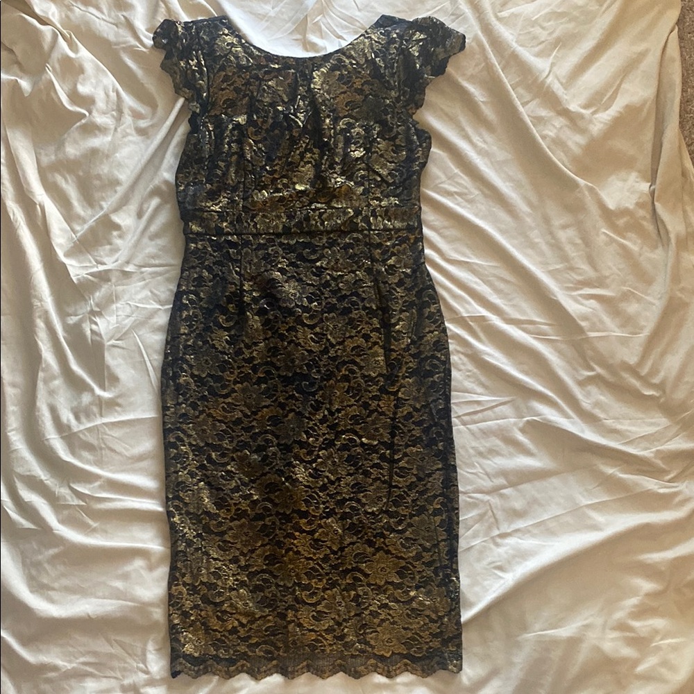 Allen B. By Allen Schwartz Black and Gold Sheath Midi Dress